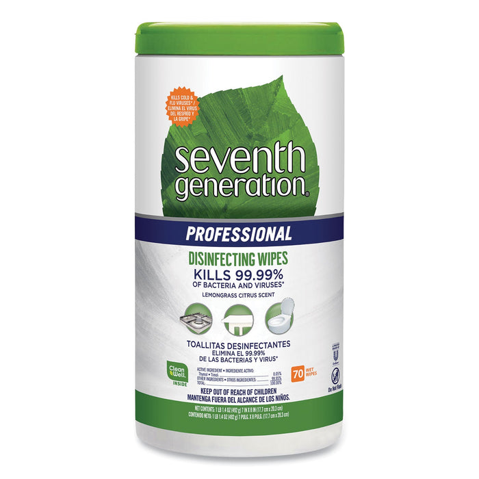 Seventh Generation Disinfecting Multi-Surface Wipes, 8 x 7, Lemongrass Citrus, 70/Canister