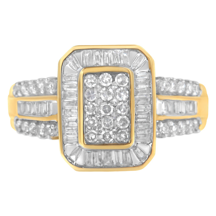 10K Yellow Gold Round and Baguette-Cut Diamond Cluster Ring (1.0 Cttw, I-J Color, SI1-SI2 Clarity) - Size 7 by Bids.com