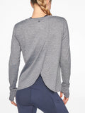 Athleta Gray Long Sleeve Workout Top with open Overlay Back Thumb Holes Size L by Vanessa Jane