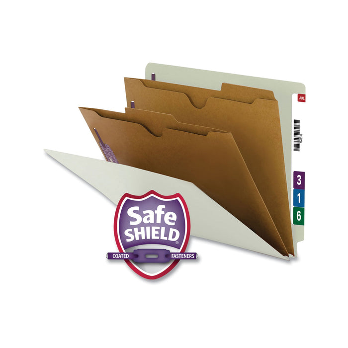 Smead X-Heavy End Tab Pressboard Classification Folder with SafeSHIELD Fastener, 2-Pocket Dividers, Letter Size, Gray-Green, 10/Box