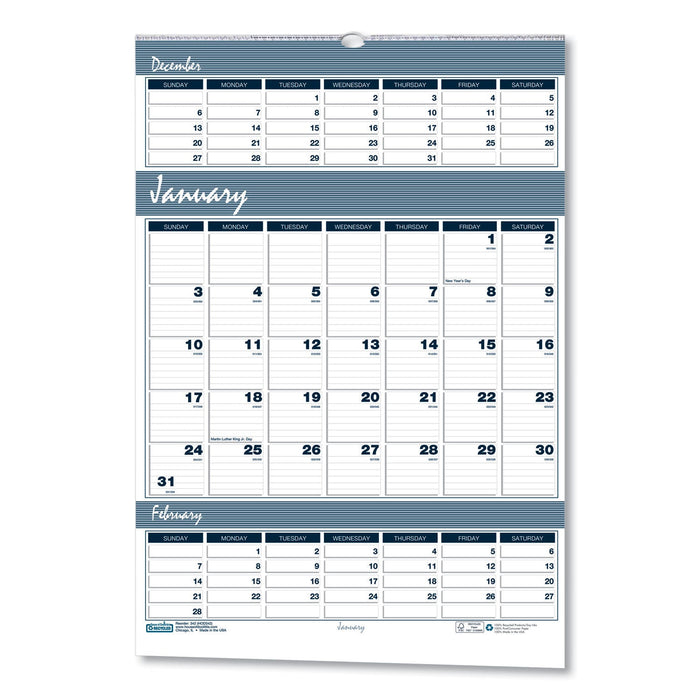 House of Doolittle Bar Harbor Recycled Wirebound 3-Months-per-Page Wall Calendar, 15.5 x 22, White/Blue/Gray Sheets, 14-Month(Dec-Jan):2022-2024