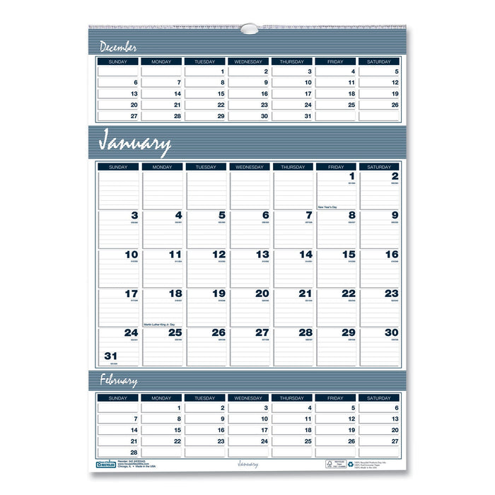 House of Doolittle Bar Harbor Recycled Wirebound 3-Months-per-Page Wall Calendar, 12 x 17, White/Blue/Gray Sheets, 14-Month (Dec-Jan): 2022-2024