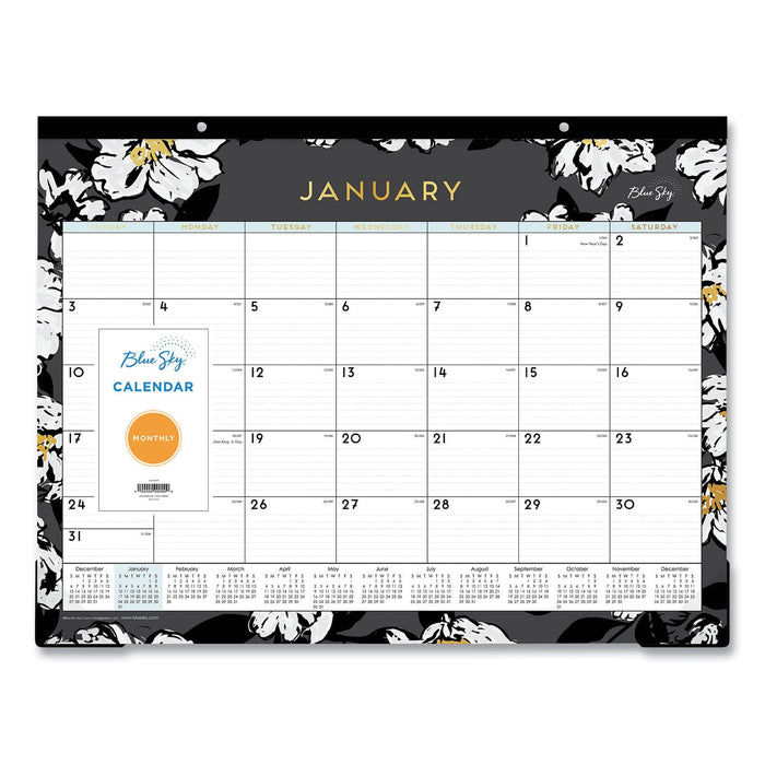 Blue Sky Baccara Dark Desk Pad, Baccara Dark Floral Artwork, 22 x 17, White/Black Sheets, Black Binding, Clear Corners, 2023