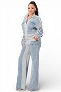 Mixed Material Denim Zip Up Jacket & Wide Leg Pants Set by The House of Stylez