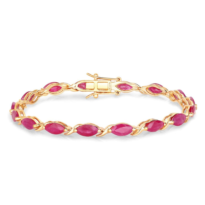 Marquise Pink Ruby Prong 10K Yellow Gold Tennis Bracelet by Fine Color Jewels