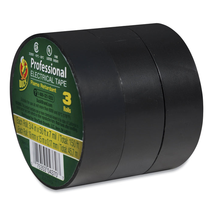 Duck Pro Electrical Tape, 1" Core, 0.75" x 50 ft, Black, 3/Pack