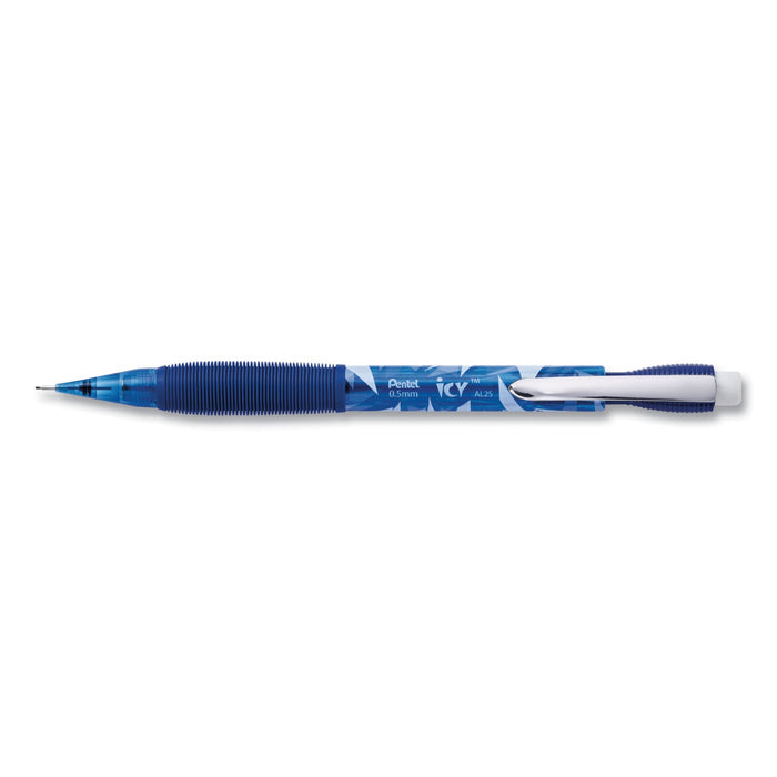 Pentel Icy Mechanical Pencil, 0.5 mm, HB (#2.5), Black Lead, Transparent Blue Barrel, Dozen