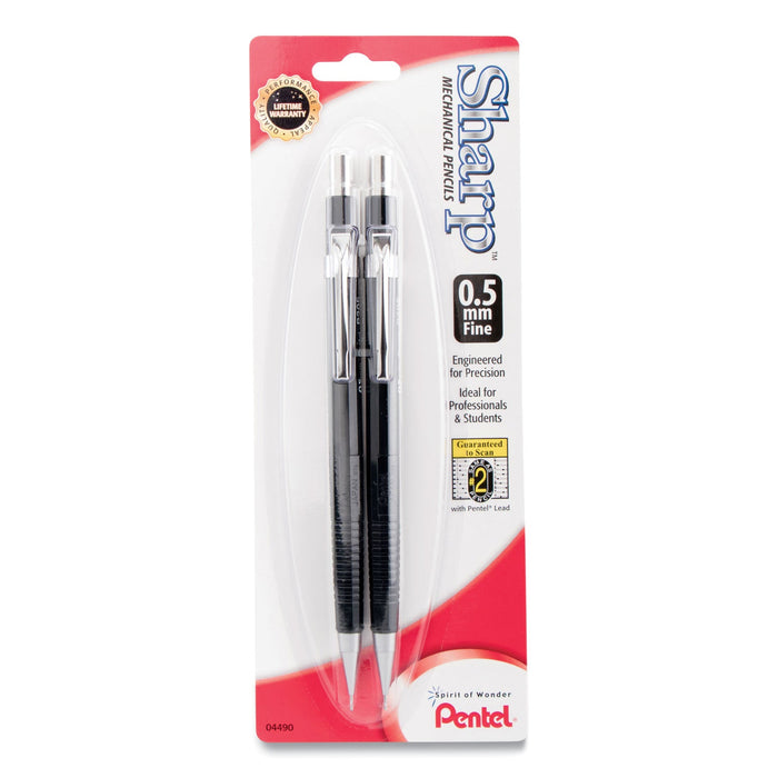 Pentel Sharp Mechanical Pencil, 0.5 mm, HB (#2.5), Black Lead, Black Barrel, 2/Pack