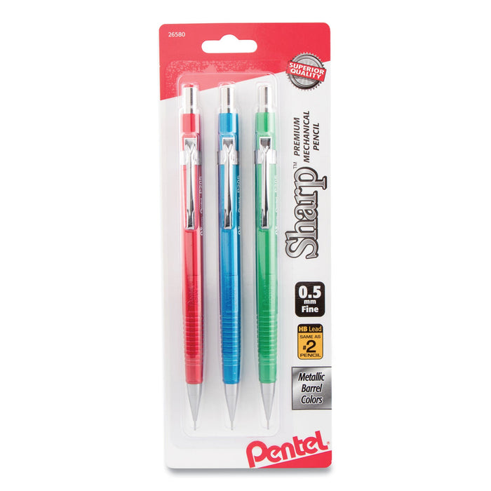 Pentel Sharp Mechanical Pencil, 0.5 mm, HB (#2.5), Black Lead, Assorted Barrel Colors, 3/Pack