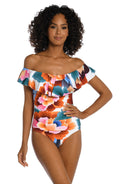 La Blanca Best Escape Off Shoulder Ruffle One Piece Swimsuit, Size 4 by Vanessa Jane