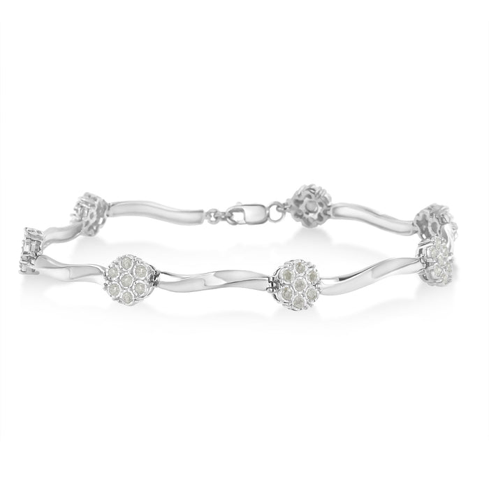 .925 Sterling Silver 1/4 Cttw Diamond Cluster Miracle-Set Station & Twisted Bar 7" Tennis Bracelet (H-I Color, I2-I3 Clarity) by Bids.com