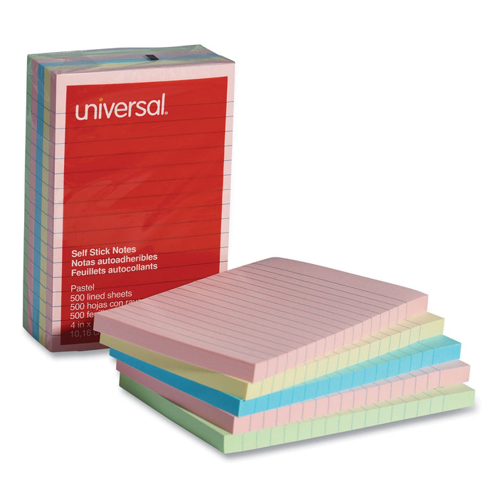 Universal Self-Stick Note Pads, Note Ruled, 4" x 6", Assorted Pastel Colors, 100 Sheets/Pad, 5 Pads/Pack