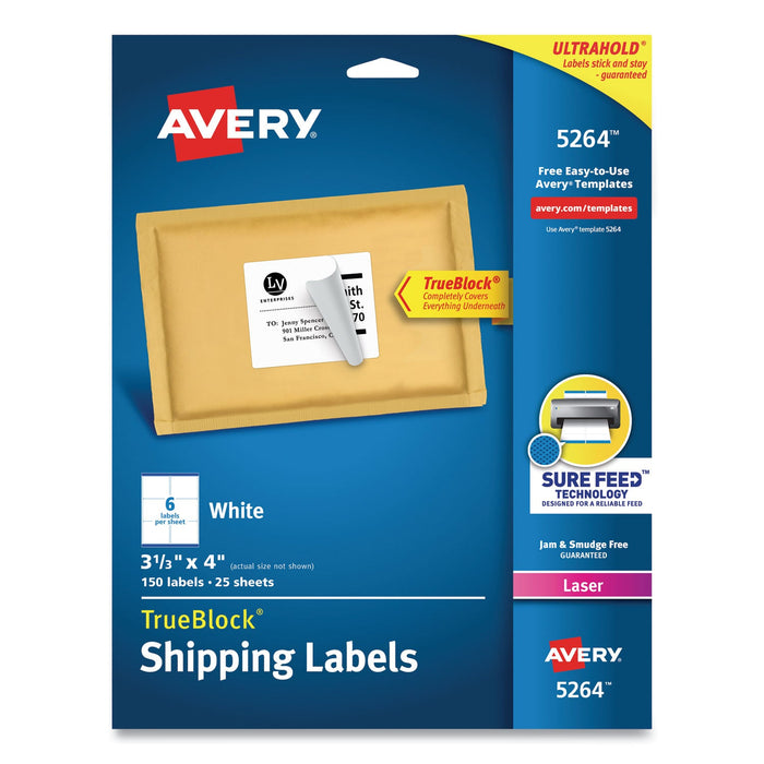 Avery Shipping Labels w/ TrueBlock Technology, Laser Printers, 3.33 x 4, White, 6/Sheet, 25 Sheets/Pack