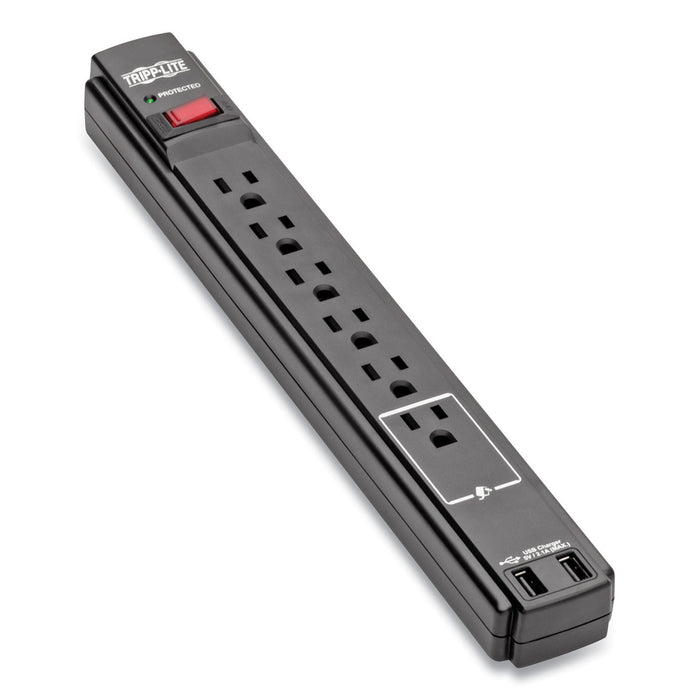 Tripp Lite Protect It! Surge Protector, 6 AC Outlets/2 USB Ports, 6 ft Cord, 990 J, Black