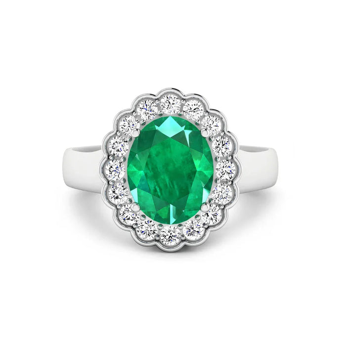 2.51 Ct Oval Green Zambian Emerald and White Diamond Prong 14k Gold Floral Halo Ring by Fine Color Jewels
