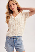 POINTELLE BUTTON DOWN SHIRT KNIT CARDIGAN: IVORY by Boutique 23