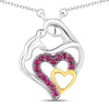 Round Pink Ruby Prong Silver Double Heart Pendant Necklace
