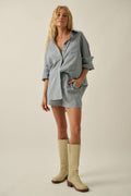 Plaid Textured Seersucker Oversize Button-Up Pocket Shirt: Chambray by Boutique 23