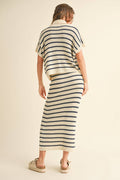 STRIPE PATTERN COLLARED SHORT SLEEVE TOP: NAVY STRIPE by Boutique 23