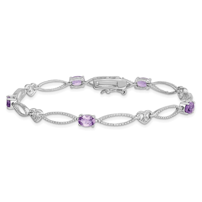 Oval Purple Amethyst & Diamond Prong Sterling Silver Heart Link Bracelet by Fine Color Jewels