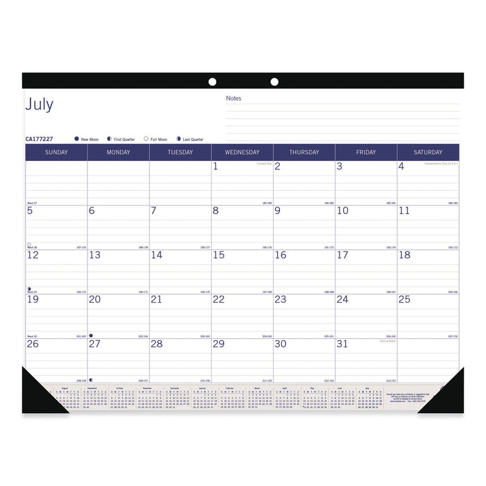 Blueline Academic Monthly Desk Pad Calendar, 22 x 17, White/Blue/Gray Sheets, Black Binding/Corners, 13-Month (July-July): 2022-2023