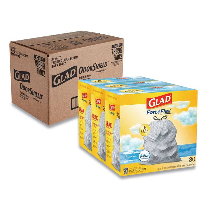 Glad OdorShield Tall Kitchen Drawstring Bags, 13 gal, 0.72 mil, 24" x 27.38", White, 240/Carton