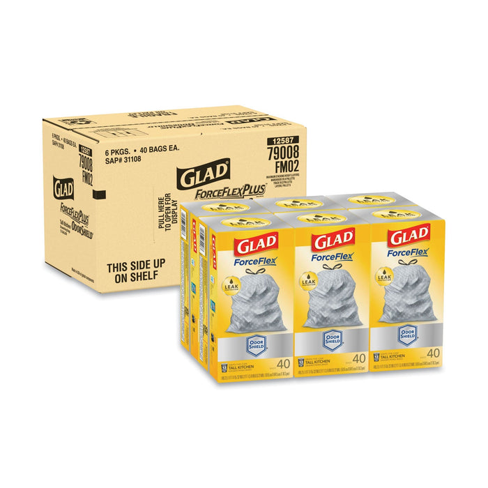 Glad Tall Kitchen Drawstring Trash Bags, 13 gal, 0.72 mil, 23.75" x 24.88", White, 240/Carton