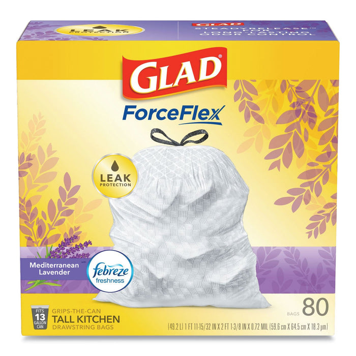 Glad OdorShield Tall Kitchen Drawstring Bags, 13 gal, 0.95 mil, 24" x 27.38", White, 80/Box
