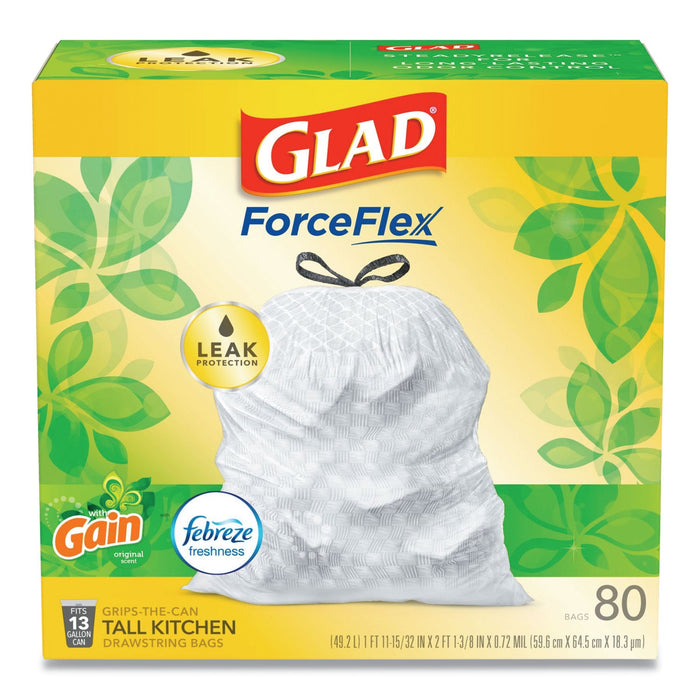Glad OdorShield Tall Kitchen Drawstring Bags, 13 gal, 0.95 mil, 24" x 27.38", White, 80/Box