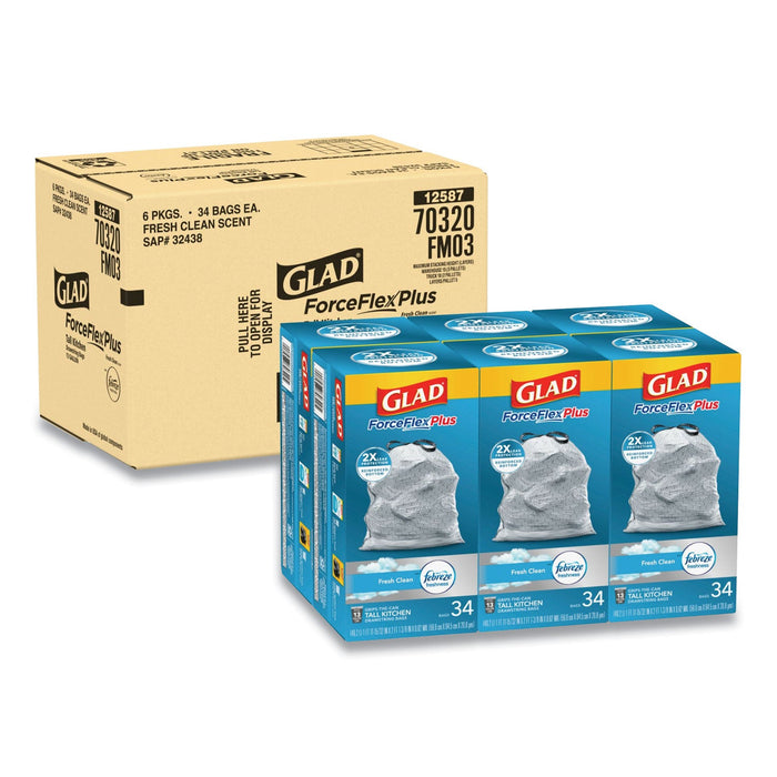 Glad ForceFlexPlus OdorShield Tall Kitchen Drawstring Trash Bags, 13 gal, 0.9 mil, 24" x 28", White, 204/Carton