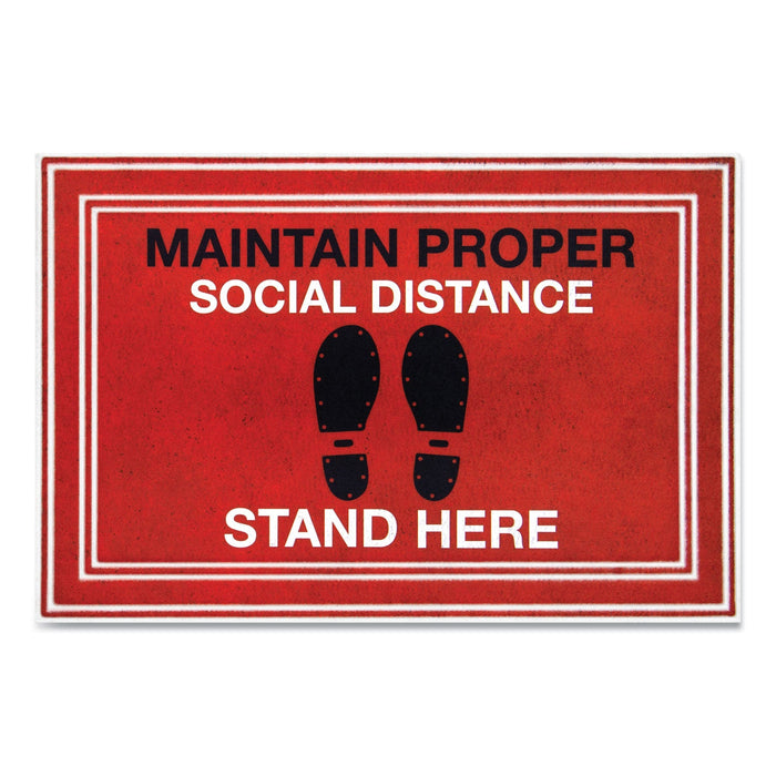 Apache Mills Message Floor Mats, 24 x 36, Red/Black, "Maintain Social Distance Stand Here"