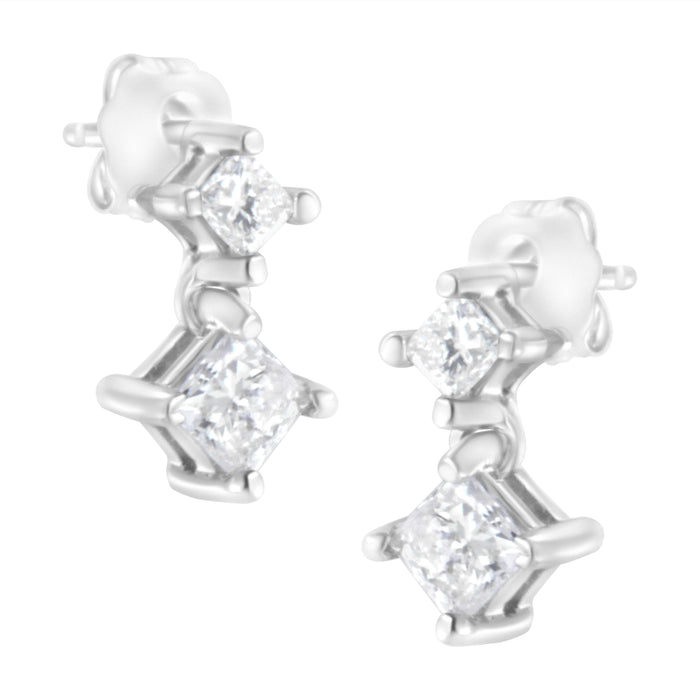14K White Gold 3/4 cttw Double Diamond Princess-Cut Stud Earrings (I-J Clarity, I2-I3 Color) by Bids.com