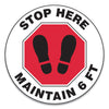 Accuform Slip-Gard Social Distance Floor Signs, 12" Circle, "Stop Here Maintain 6 ft", Footprint, Red/White, 25/Pack