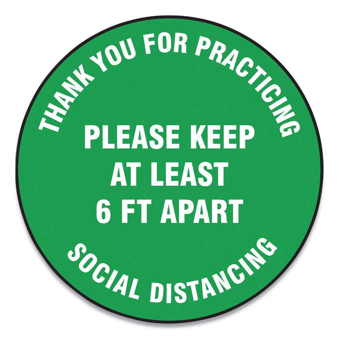 Accuform Slip-Gard Floor Signs, 17" Circle, "Thank You For Practicing Social Distancing Please Keep At Least 6 ft Apart", Green, 25/PK
