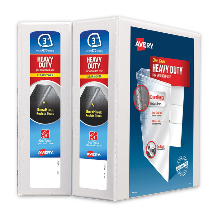 Avery Heavy-Duty Non Stick View Binder with DuraHinge and Slant Rings, 3 Rings, 3" Capacity, 11 x 8.5, White, 2/Pack