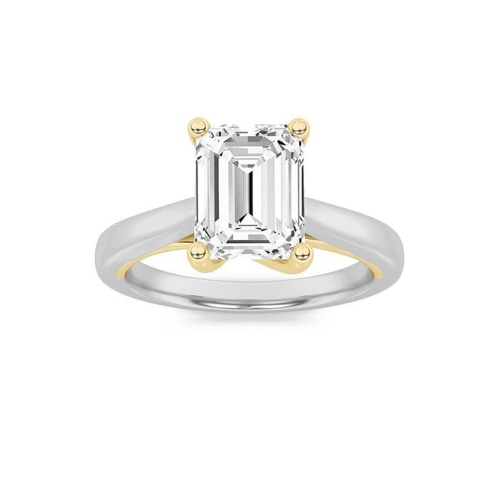 1.5Cttw Emerald Shaped Lab Grown Diamond Two Tone Cathedral Shank Engagement Solitaire Ring 14K Gold by Fine Color Jewels