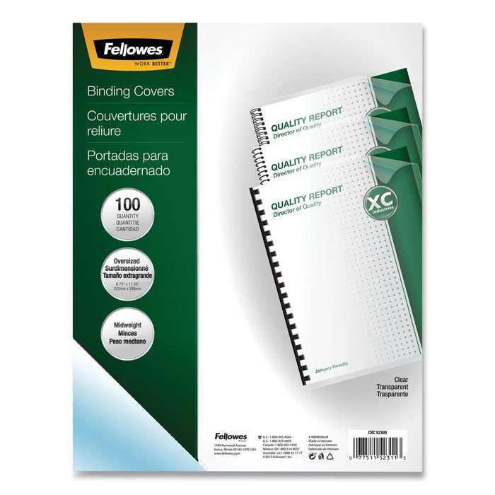 Fellowes Crystals Transparent Presentation Covers for Binding Systems, Clear, with Round Corners, 11.25 x 8.75, Unpunched, 100/Pack