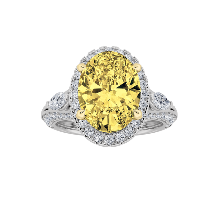 3Cttw Oval Shaped Yellow Lab Grown Diamond (F/VS) Three Stone Halo Enagement Ring 14K Gold by Fine Color Jewels