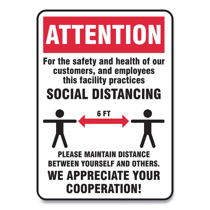 Accuform Social Distance Signs, Wall, 10 x 14, Customers and Employees Distancing, Humans/Arrows, Red/White, 10/Pack