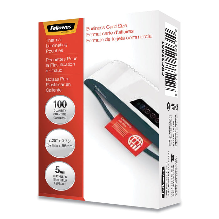 Fellowes Laminating Pouches, 5 mil, 3.75" x 2.25", Gloss Clear, 100/Pack