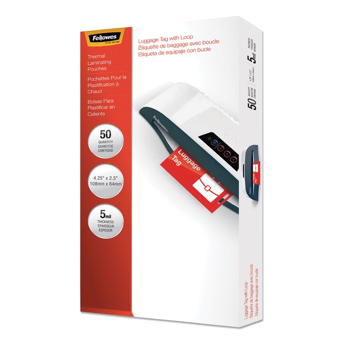 Fellowes Laminating Pouches, 5 mil, 4.25" x 2.5", Gloss Clear, 50/Pack