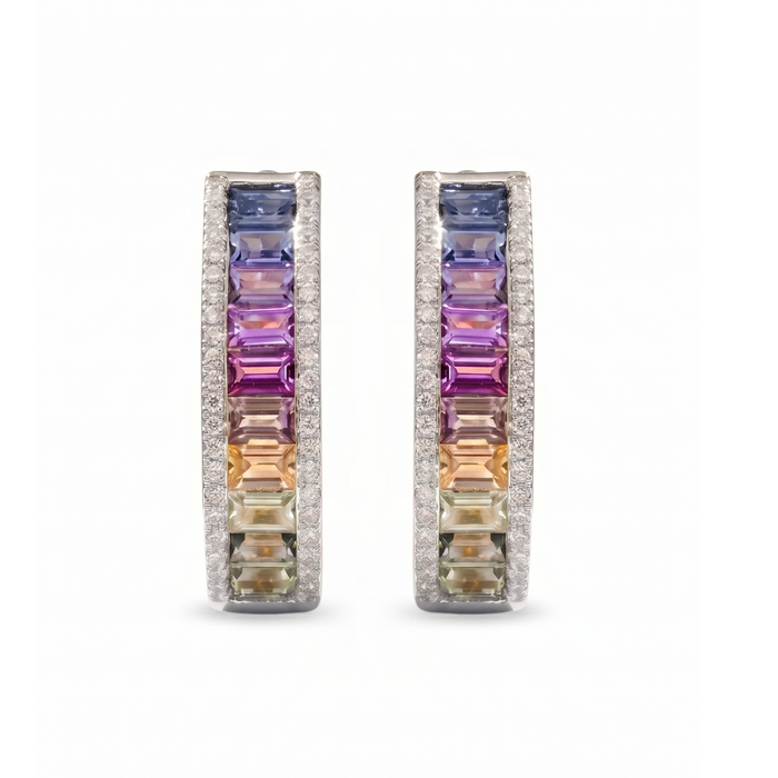 IGI Certified 2.13 Ct Multi Color Unheated Sapphire Diamond channel-set 14K White Gold J Hoop Earrings by Fine Color Jewels