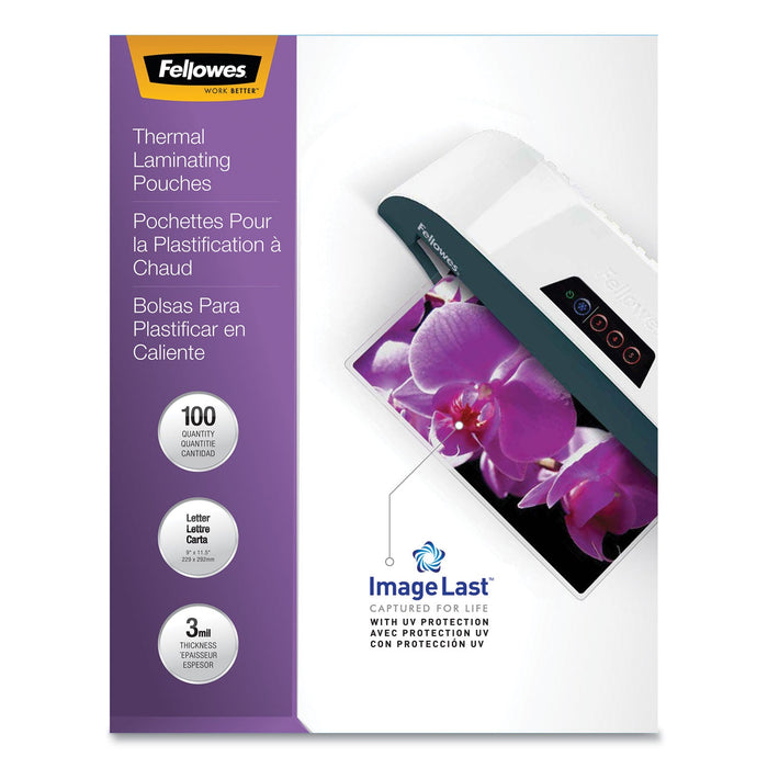 Fellowes ImageLast Laminating Pouches with UV Protection, 3 mil, 9" x 11.5", Clear, 100/Pack