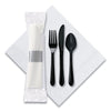 Hoffmaster CaterWrap Cater to Go Express Cutlery Kit, Fork/Knife/Spoon/Napkin, Black, 100/Carton