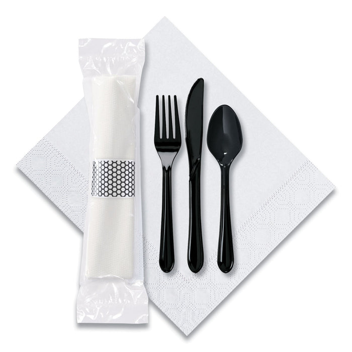 Hoffmaster CaterWrap Cater to Go Express Cutlery Kit, Fork/Knife/Spoon/Napkin, Black, 100/Carton