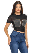Mesh Front Denim Distressed Button Pockets Top {See Thru} by The House of Stylez