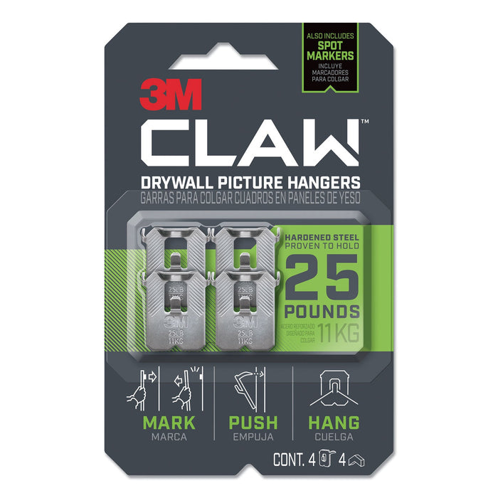 3M Claw Drywall Picture Hanger, Holds 25 lbs, 4 Hooks and 4 Spot Markers, Stainless Steel