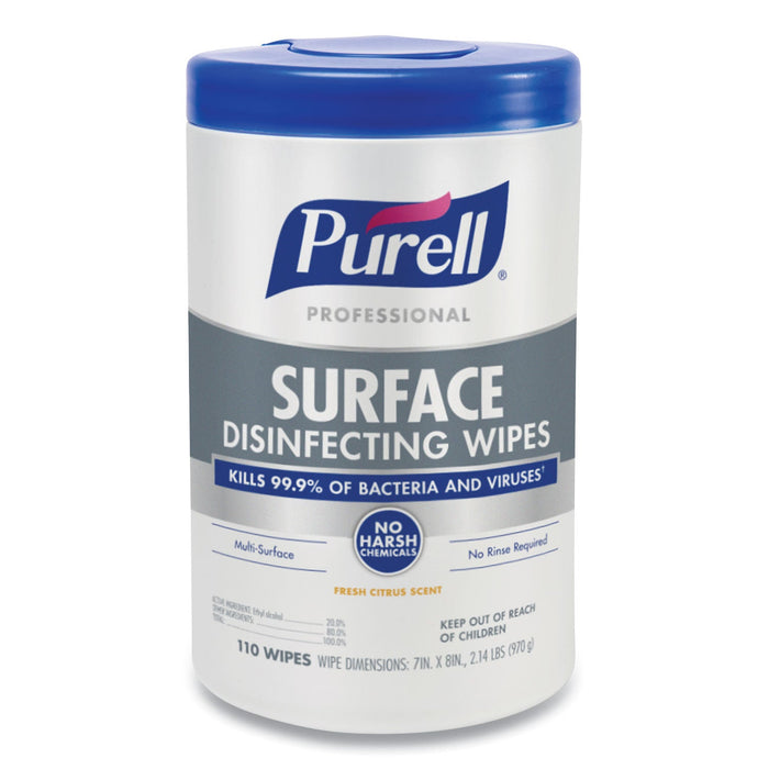 PURELL Professional Surface Disinfecting Wipes, 7 x 8, Fresh Citrus, 110/Canister, 6 Canisters/Carton