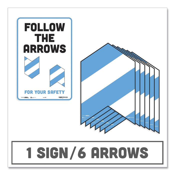 Tabbies BeSafe Messaging Education Floor Arrows and Wall Sign, Follow The Arrows For Your Safety, 12x18, White/Blue, 6 Arrows, 1 Sign