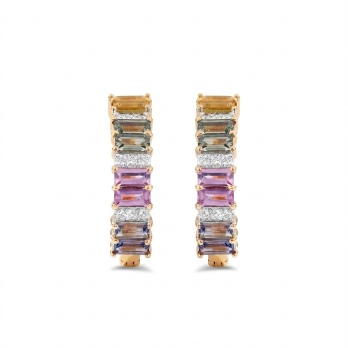 IGI Certified 2.10 Ct Multi Color Unheated Sapphire and Diamond 14K Yellow Gold Half Way Hoop Earrings by Fine Color Jewels